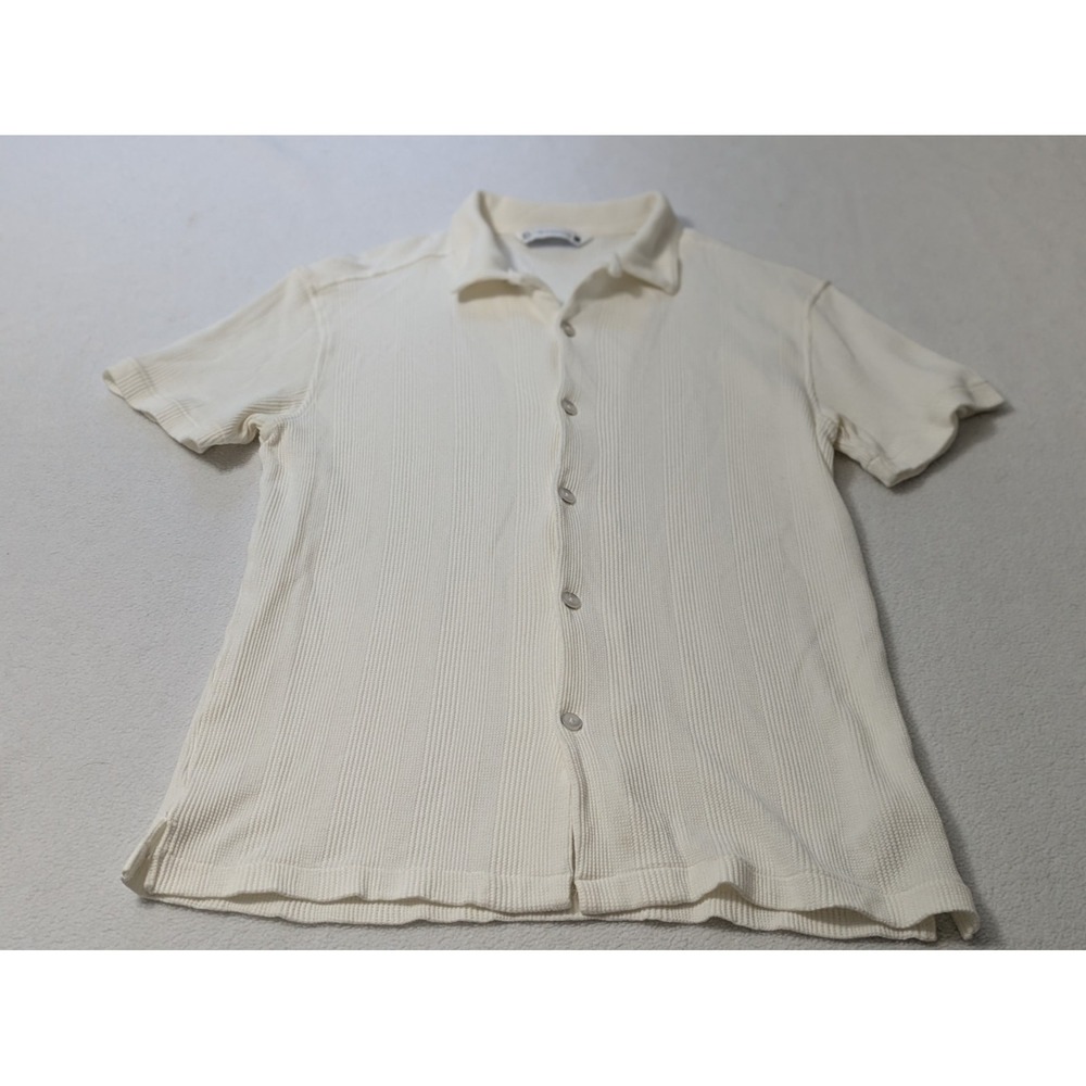 7Diamonds Burke Camp Shirt Mens Sm 7D White Cotton Knit Button Up Beach Sweater